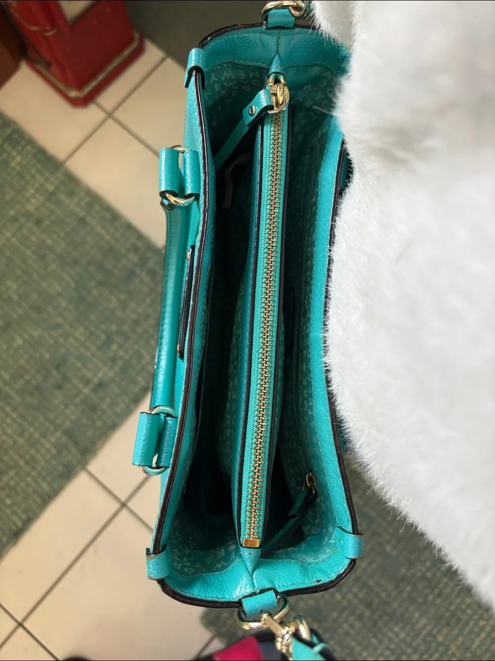 kate spade crossbody bag  satchel  Leather turquoise 3 compartment  gold tone
